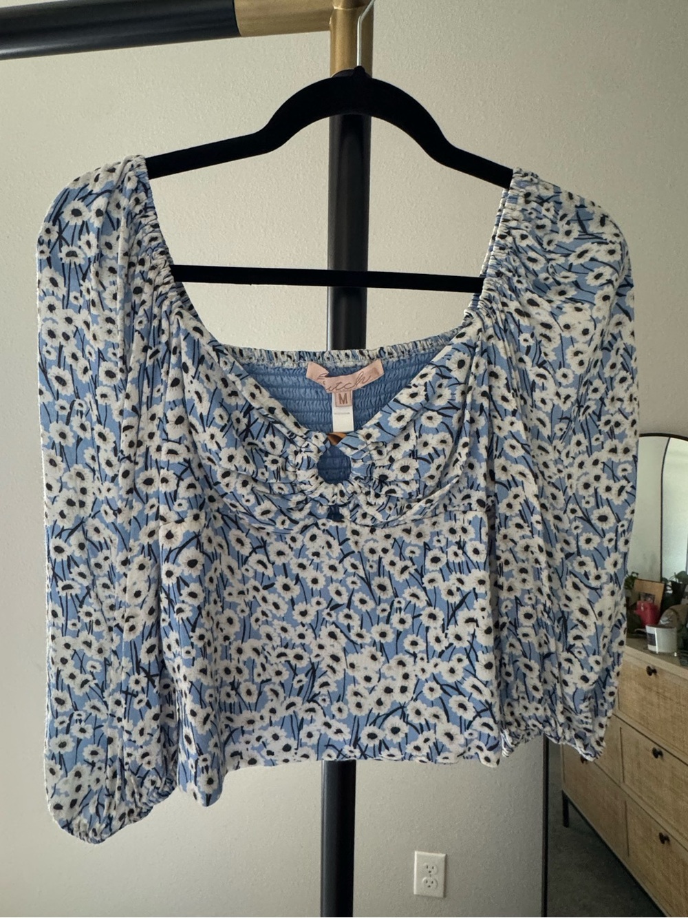 Hutch Blue and White Floral Puff-Sleeve Blouse